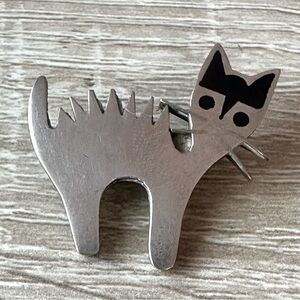 925 Sterling Silver Mexico Inlaid Black Onyx Cat Brooch Vintage